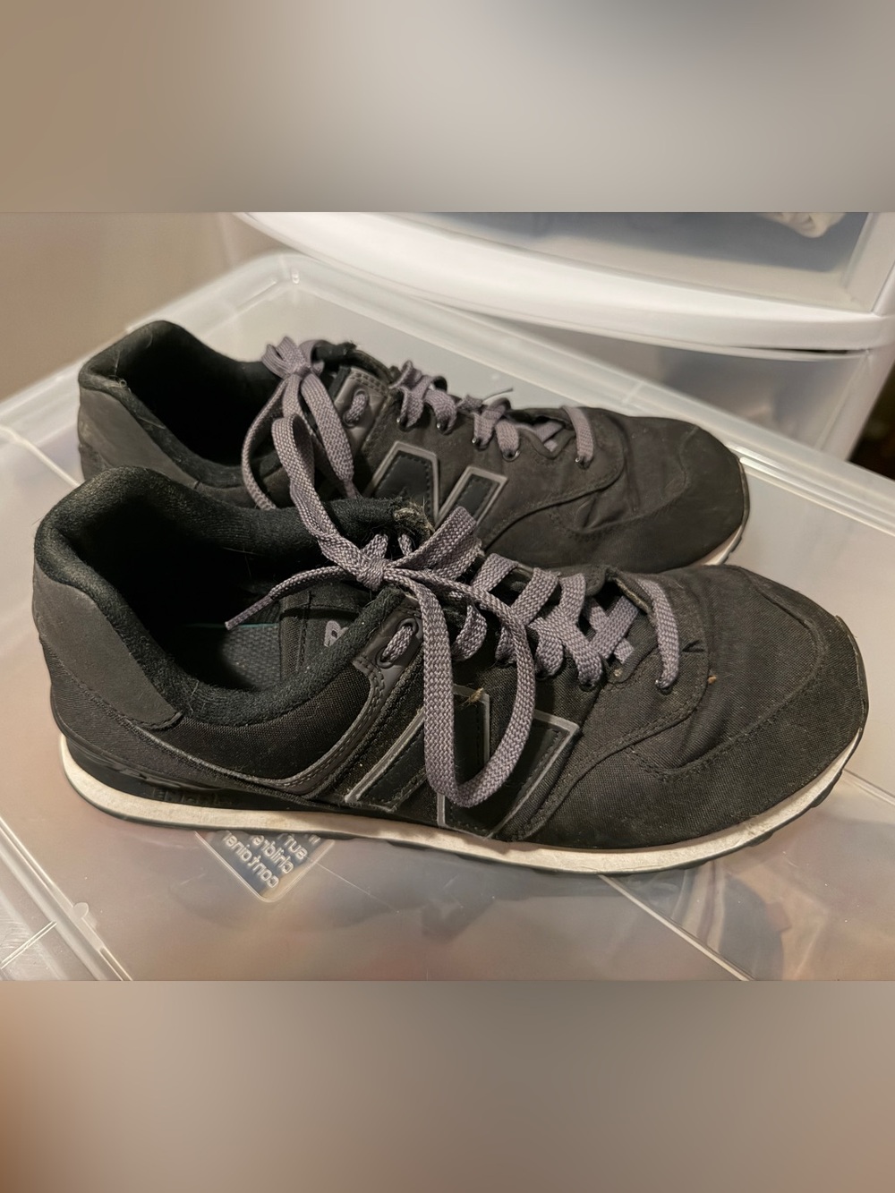 New Balance 574 Black Sneakers with Gray Laces